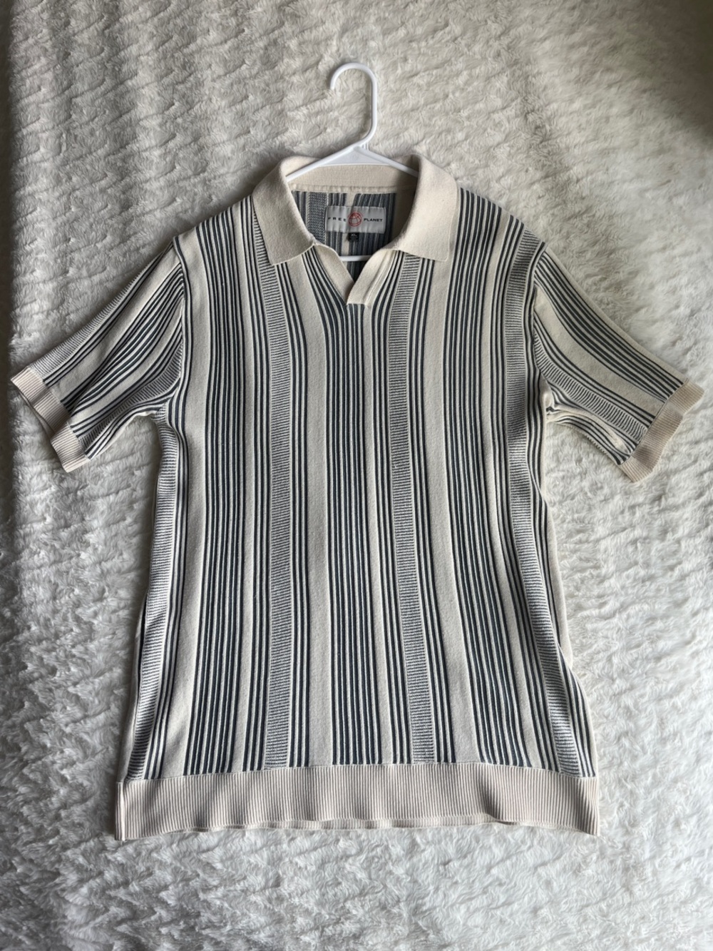 Men’s Free Planet Cream Polo with Blue Vertical and Horizontal Stripes